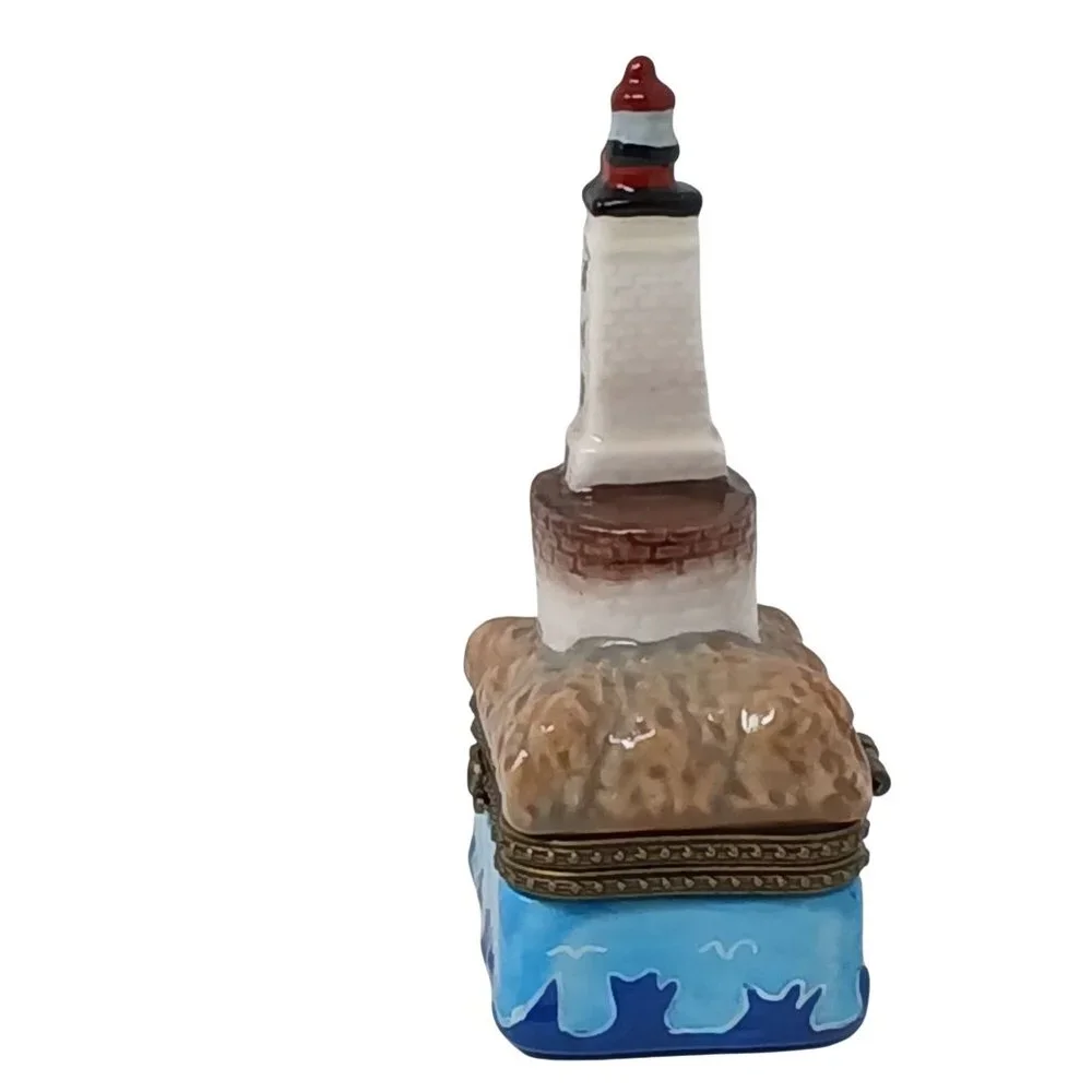 VTG Lighthouse Themed Porcelin Hinged Trinket / Ring Box Ocean Wave Detail #S-2